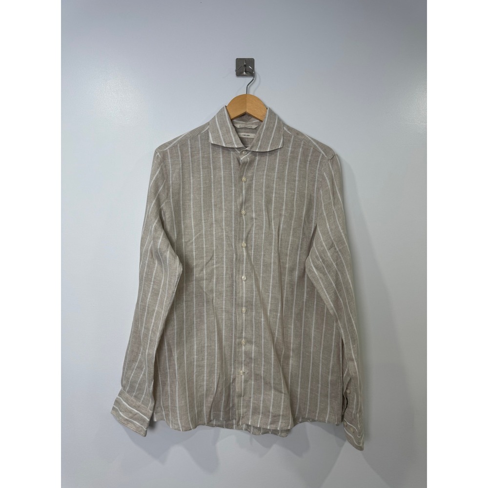 Suitsupply Men Tan Striped Linen Button Down Slim Fit Shirt 15.5 15.75
